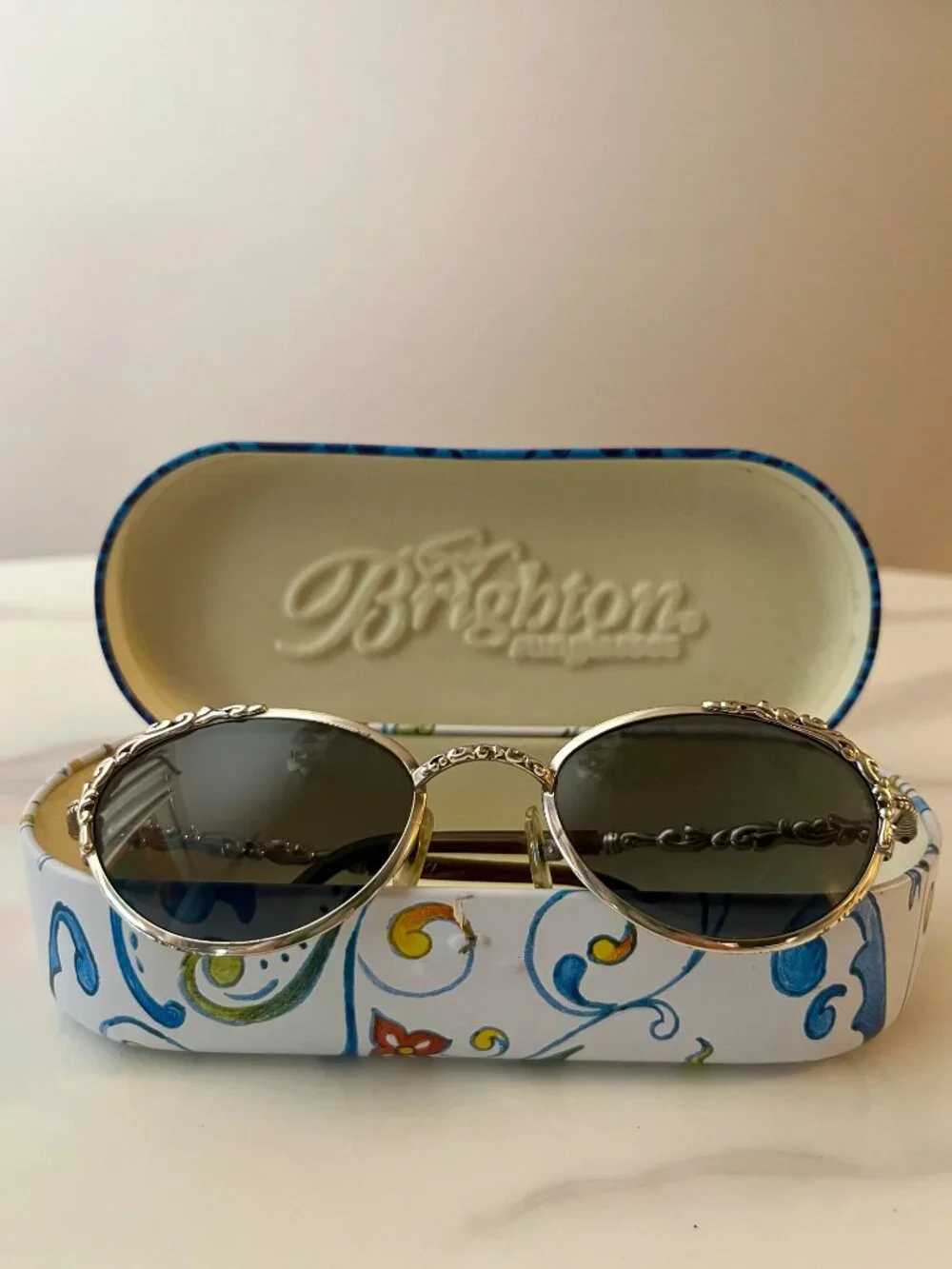 Brighton Vintage Silver Filigree Oval Sunglasses + Case